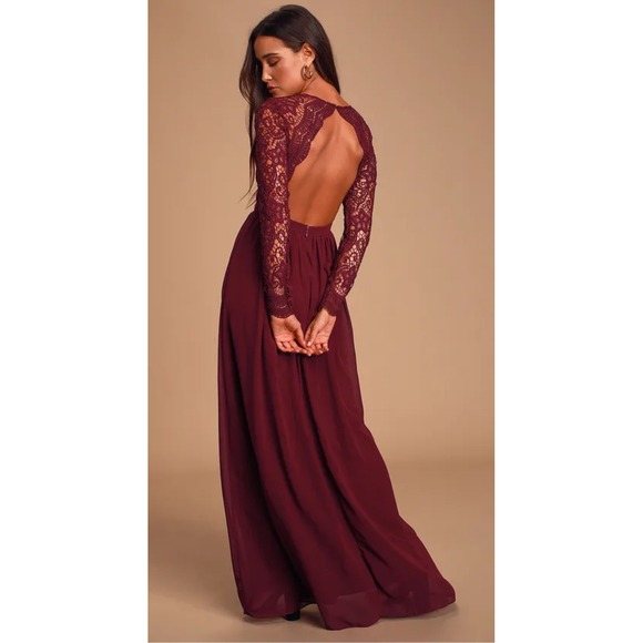 Lulus Awaken My Love Burgundy Long Sleeve Lace Maxi Dress Size L‎ - Picture 4 of 10